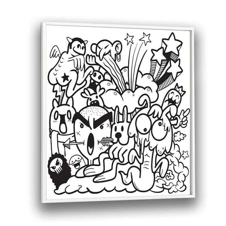 Vibrant BOOM CHAOS, DOODLE ART PAINTINGS capture creativity with playful characters in a stylish white frame.