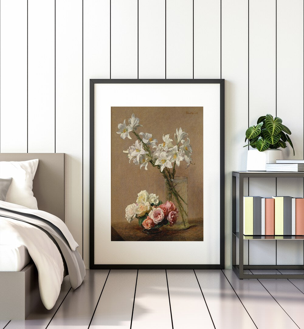 Vintage painting featuring BOTANICAL ROSES AND LILIES, inspired by Henri Fantin-Latour's timeless artistry.