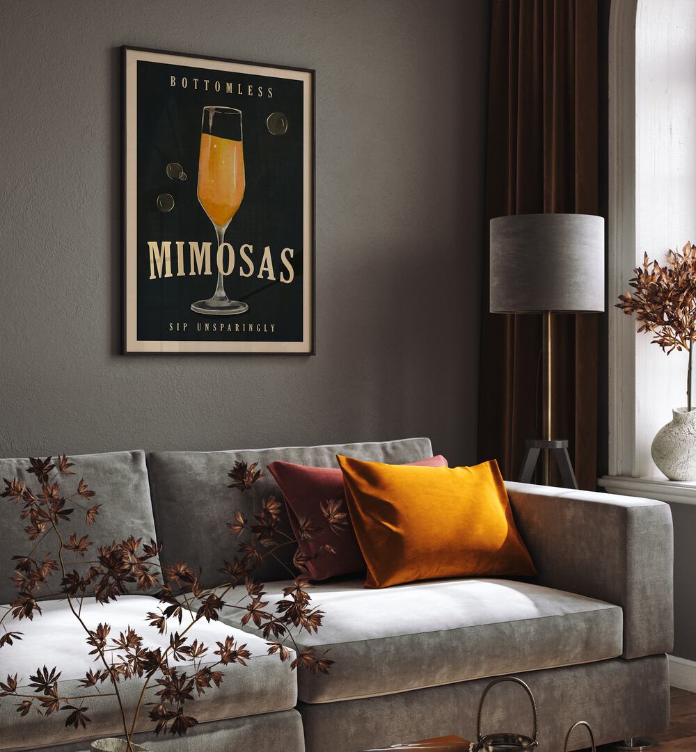 Stylish MIMOSAS COCKTAIL , BAR art decorates a modern living space, enhancing the home bar's elegance and charm.
