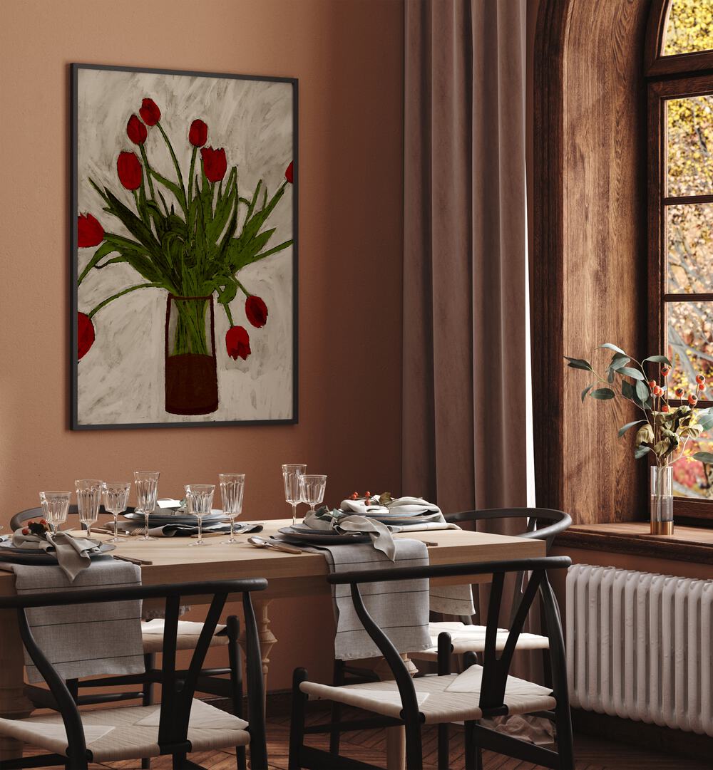Brighten your space with the BOUQUET OF TULIPS, FLORAL FLOWER PAINTINGS, showcasing vibrant tulip colors in elegant decor.