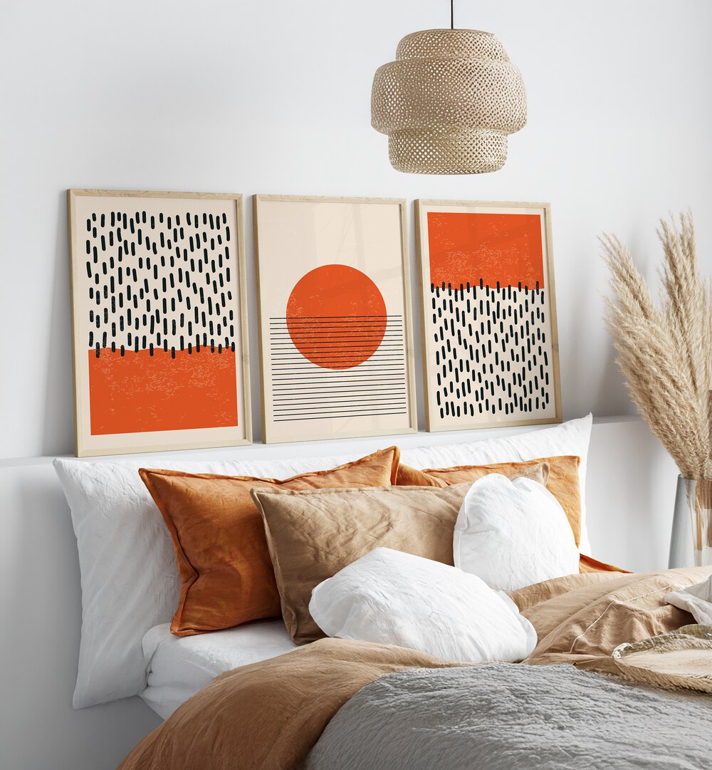 Bright Minimal Set, set of 3 paintings, enhances modern decor with vibrant colors in a stylish living space.