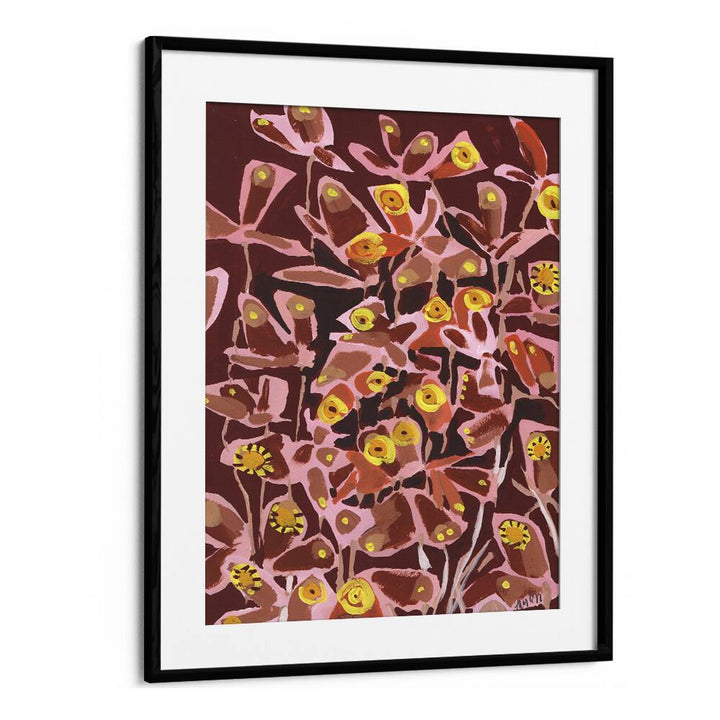 Brown Retro Butterflies  By Ania Zwara Botanical Flower Paintings Artwork  in Black Frame With Mount