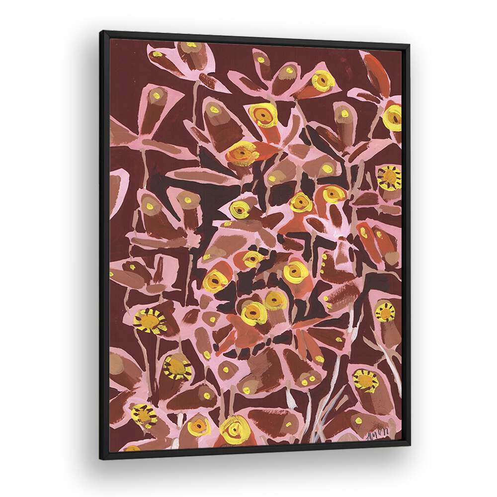 Brown Retro Butterflies  By Ania Zwara Botanical Flower Paintings Artwork  in Black Plain Frame