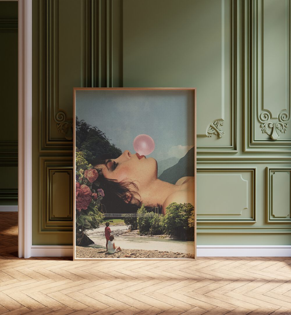 Captivating BUBBLE GUM GIRL, SURREAL ART PRINTS by Vertigo Artography, showcasing vibrant colors and enchanting details.