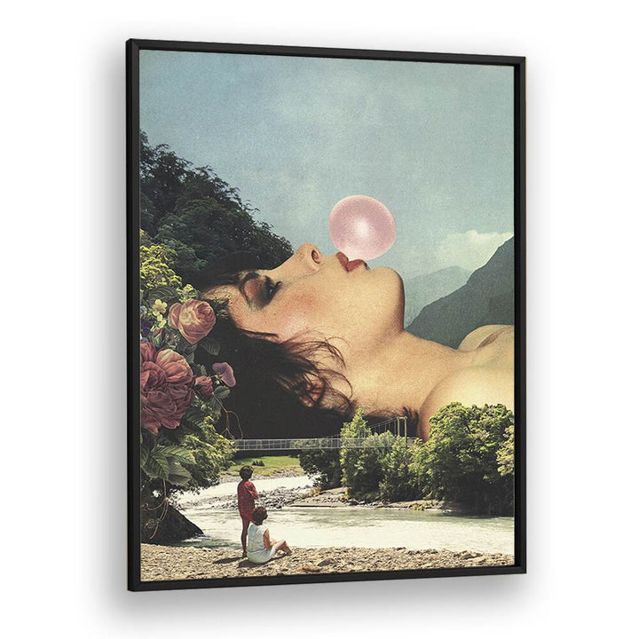 Surreal art print "BUBBLE GUM GIRL" by Vertigo Artography, featuring a dreamy landscape and vibrant colors.