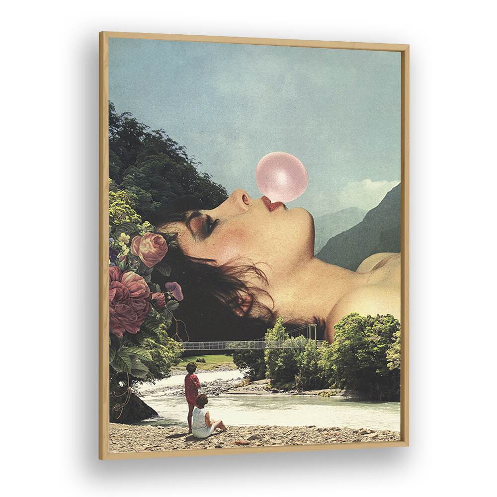 Experience the whimsical charm of BUBBLE GUM GIRL, SURREAL ART PRINTS by Vertigo Artography, perfect for decor.