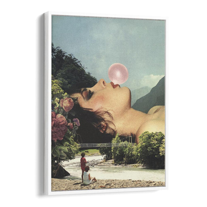 Bubble Gum Girl, Surreal Art Prints by Vertigo Artography, features a dreamy landscape with a woman blowing a bubble.