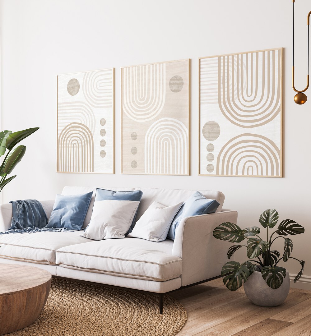Enhance your decor with the BUFF AND BOHO SET, SET OF 3 PAINTINGS featuring modern bohemian designs.