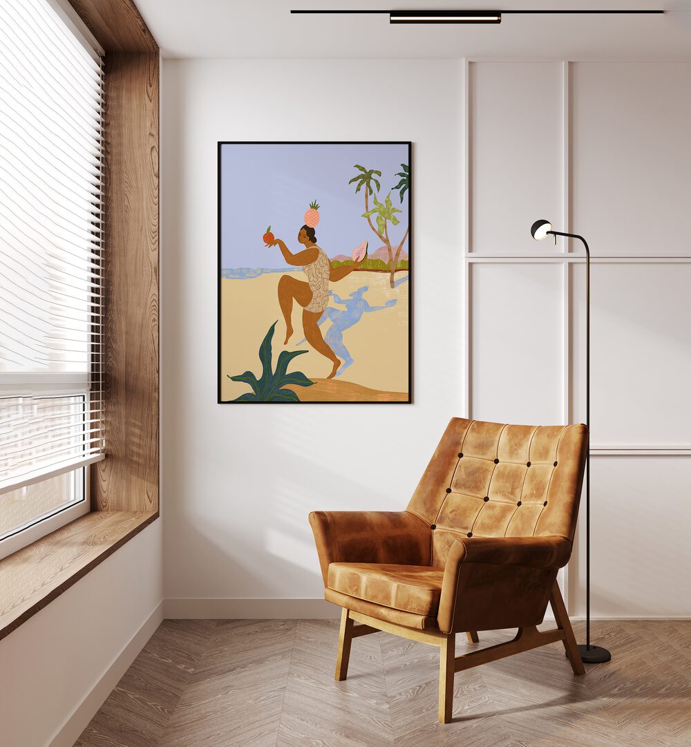 Vibrant "Balancing Act, Portraits" wall art by Arty Guava, showcasing dynamic figures in a tropical setting.