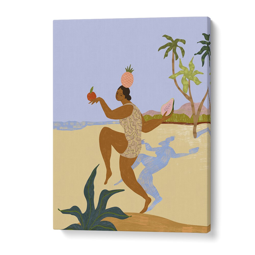 Vibrant "Balancing Act, Portraits" wall art by Arty Guava showcases a playful figure amidst a tropical backdrop.