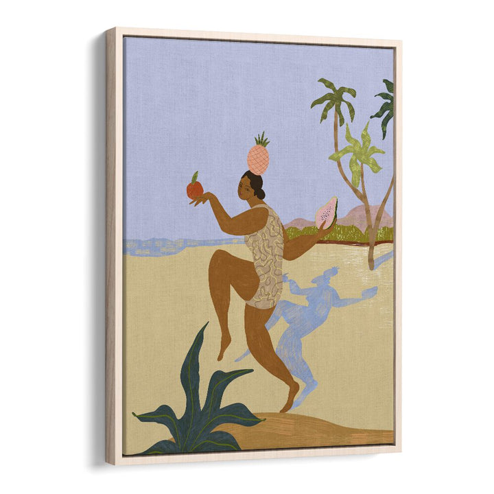Vibrant wall art "BALANCING ACT, PORTRAITS" by Arty Guava, showcasing a playful figure in a tropical scene.