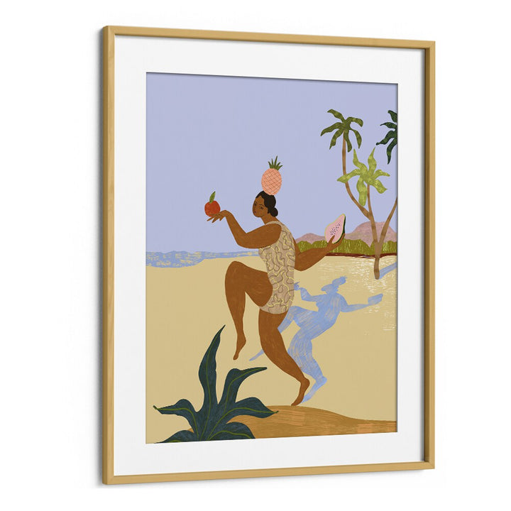 Vibrant wall art "Balancing Act, Portraits" by Arty Guava features a woman juggling fruits in a tropical setting.