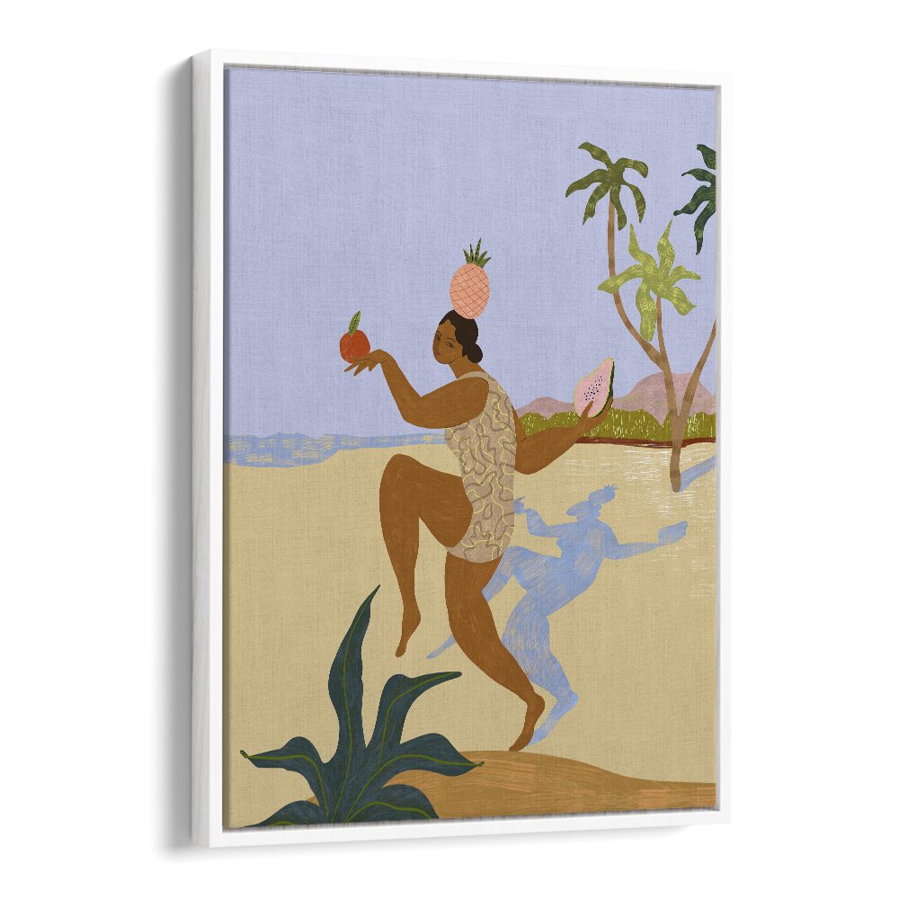 Colorful "Balancing Act, Portraits" wall art by Arty Guava, featuring a joyful figure on a beach. Perfect for vibrant decor.