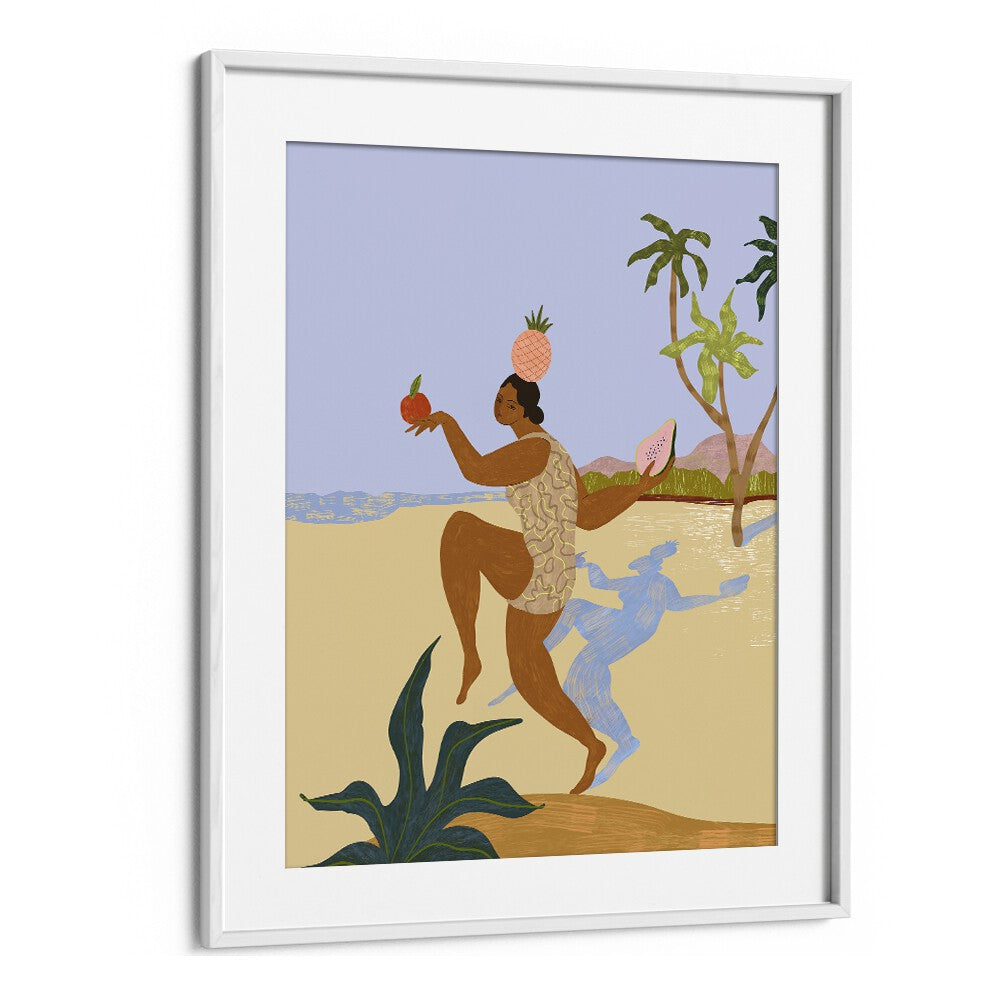 Vibrant "Balancing Act, Portraits" by Arty Guava showcases a figure balancing fruits in a lively beach setting.