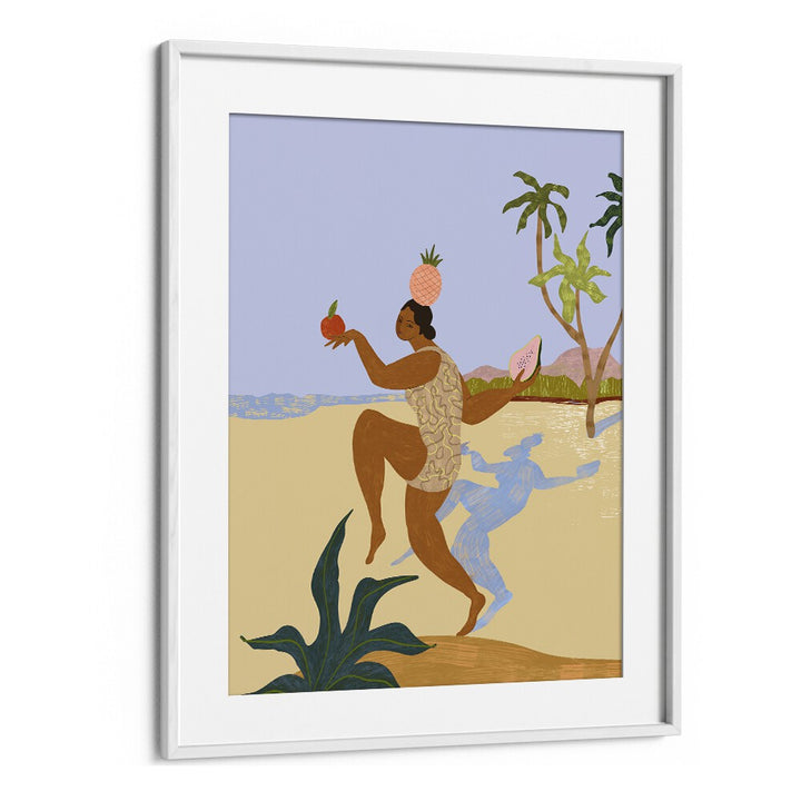 Vibrant "Balancing Act, Portraits" by Arty Guava showcases a figure balancing fruits in a lively beach setting.