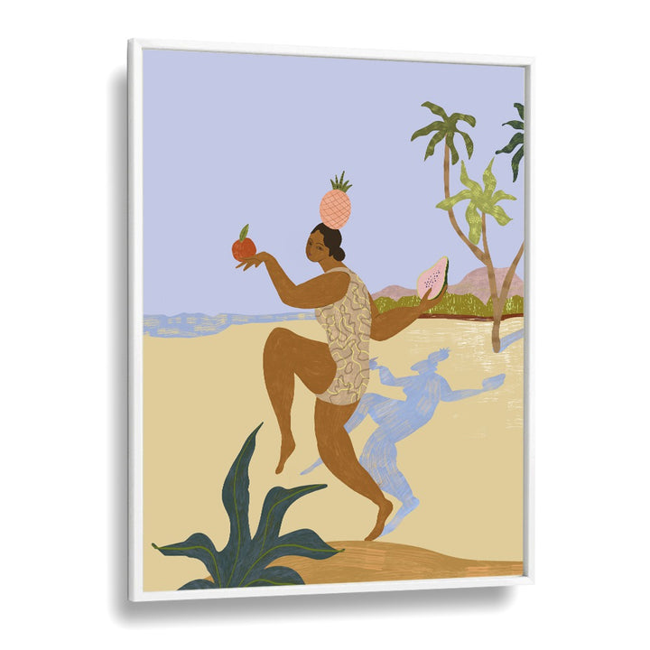 Vibrant "Balancing Act, Portraits" wall art by Arty Guava showcasing a joyful figure amidst tropical elements.