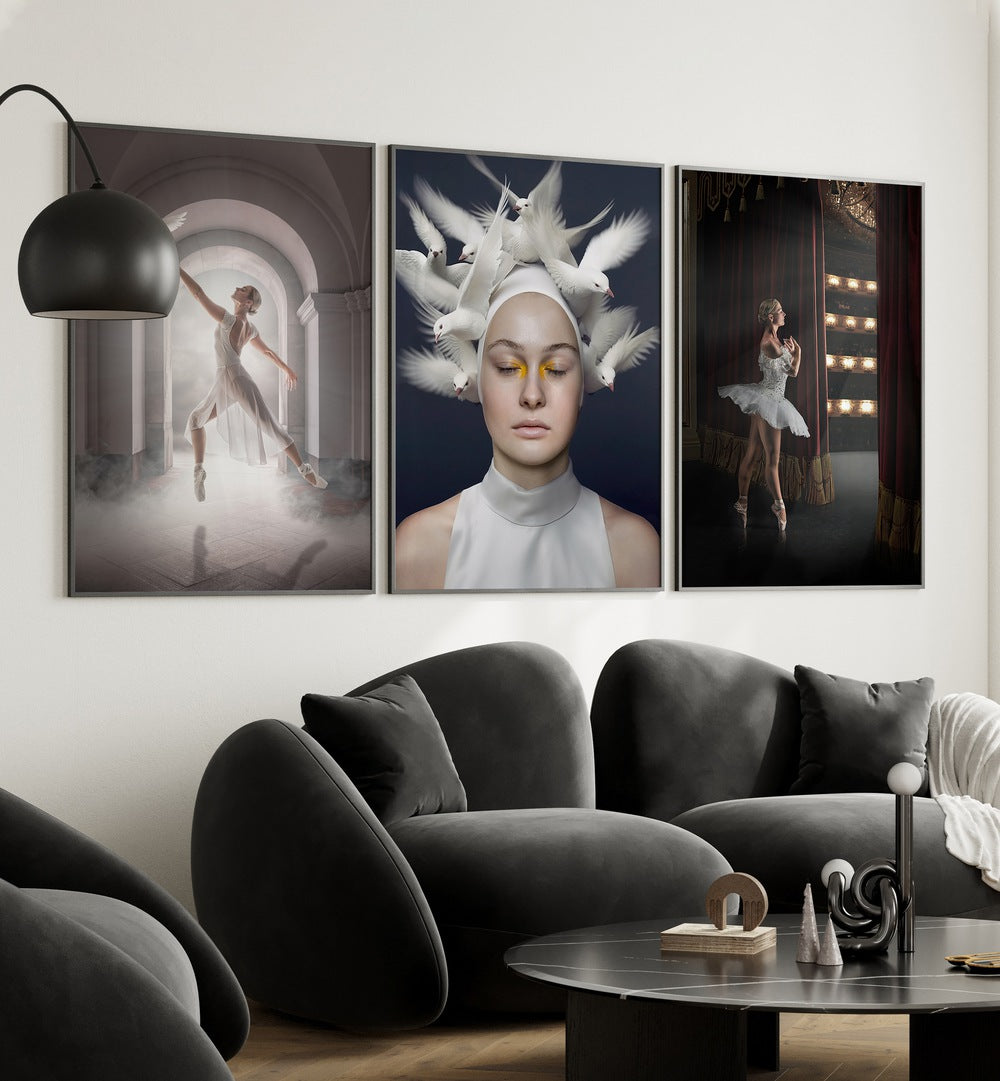 Elevate your decor with the BALLERINA FRAMED WALLART, SET OF 3 PAINTINGS showcasing elegant ballet dancers.