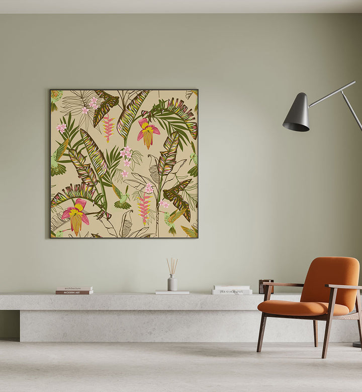 BANANA LEAVES AND HUMMINGBIRDS SAND , FLORAL FLOWER PAINTINGS