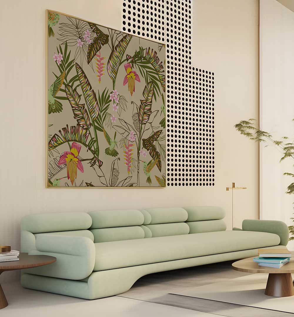 BANANA LEAVES AND HUMMINGBIRDS SAND , FLORAL FLOWER PAINTINGS