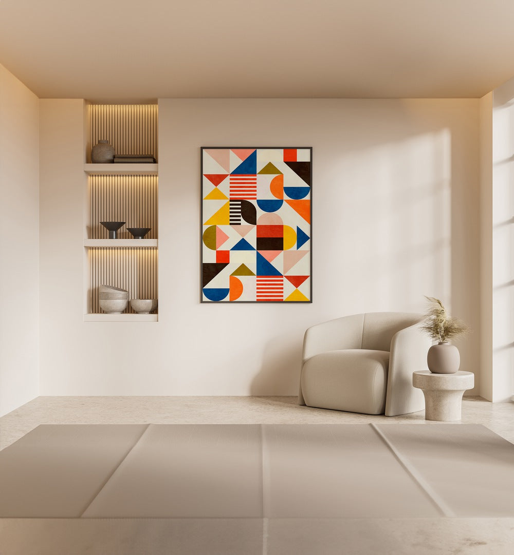 Transform your space with BAUHAUS FUN, ABSTRACT PAINTINGS by Ana Rut Bre, showcasing vibrant geometric patterns.