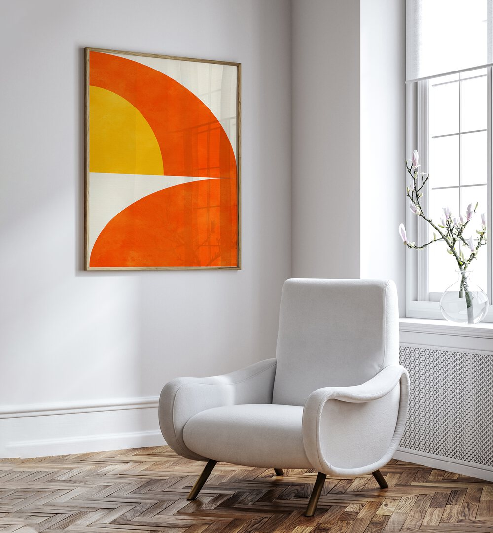 Bright orange and yellow shapes in BAUHAUS I, ABSTRACT PAINTINGS by Ana Rut Bre enhance modern interiors beautifully.
