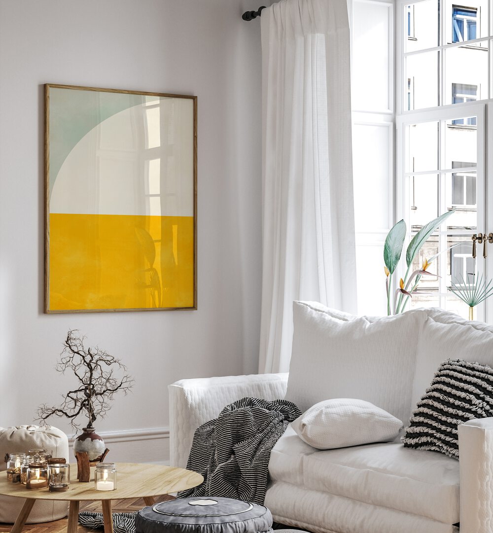 Modern living room featuring BAUHAUS II, ABSTRACT PAINTINGS by Ana Rut Bre, showcasing vibrant colors and artistic essence.