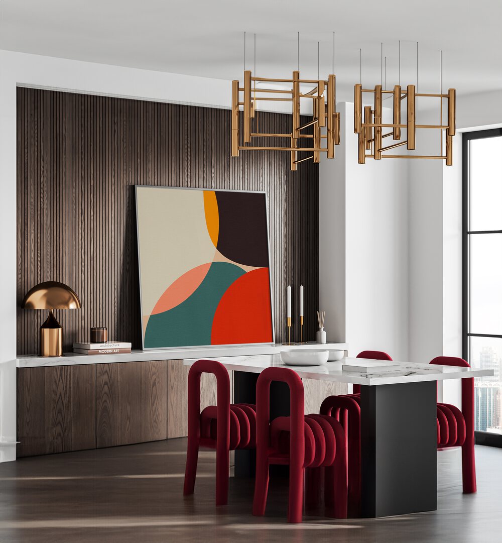 Stylish dining room featuring BAUHAUS MODERN BOLD IV, ABSTRACT PAINTINGS by Ana Rut Bre, showcasing vibrant modern art.