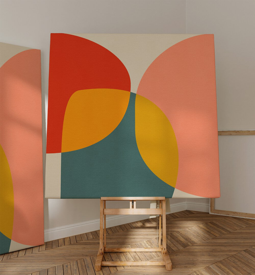 Colorful shapes blend in the BAUHAUS NEW II, ABSTRACT PAINTINGS by Ana Rut Bre, perfect for modern art lovers.