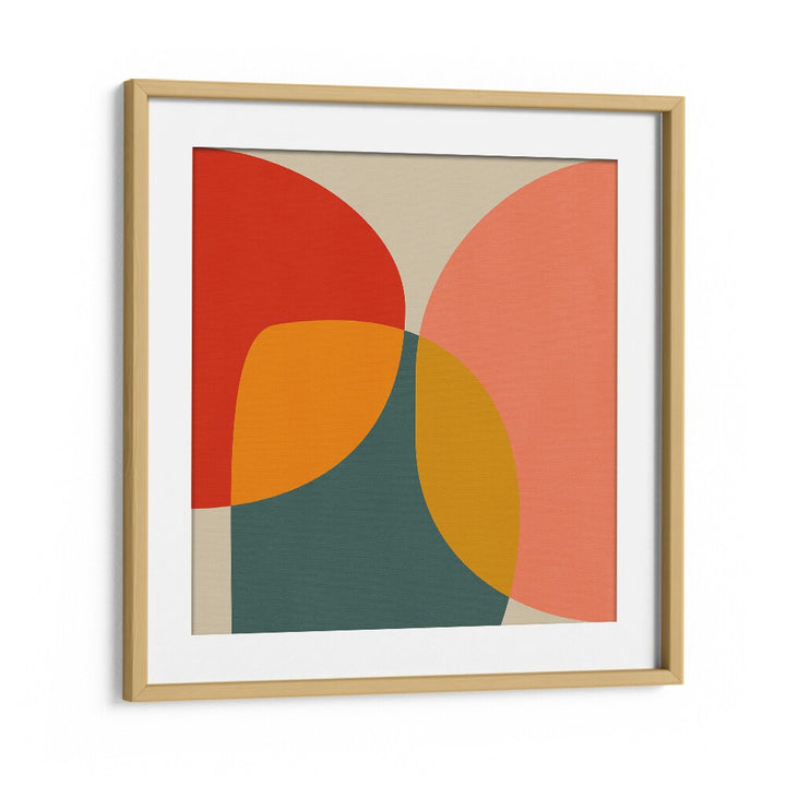 BAUHAUS NEW II, ABSTRACT PAINTINGS by Ana Rut Bre features vibrant shapes in an elegant oak frame, perfect for modern decor.
