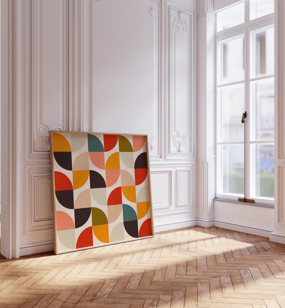 BAUHAUS NEW II KOPIE, ABSTRACT PAINTINGS by Ana Rut Bre showcases vibrant modern design in a stylish interior setting.