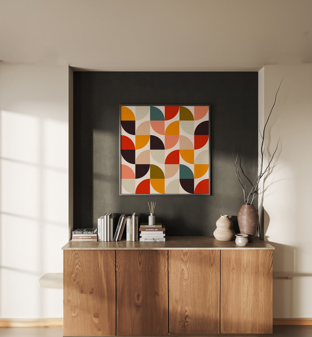 Colorful geometric patterns of BAUHAUS NEW II KOPIE, ABSTRACT PAINTINGS by Ana Rut Bre enhance modern decor.
