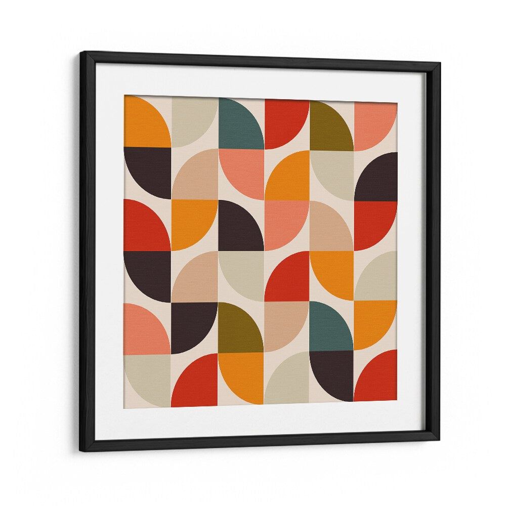 Colorful geometric design of BAUHAUS NEW II KOPIE, ABSTRACT PAINTINGS framed by Ana Rut Bre, showcasing modern art.