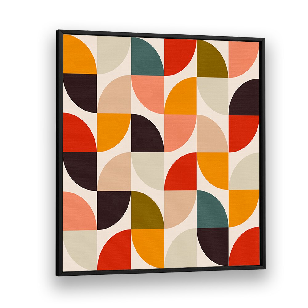 Colorful geometric design in a black frame, showcasing BAUHAUS NEW II KOPIE, ABSTRACT PAINTINGS by Ana Rut Bre.