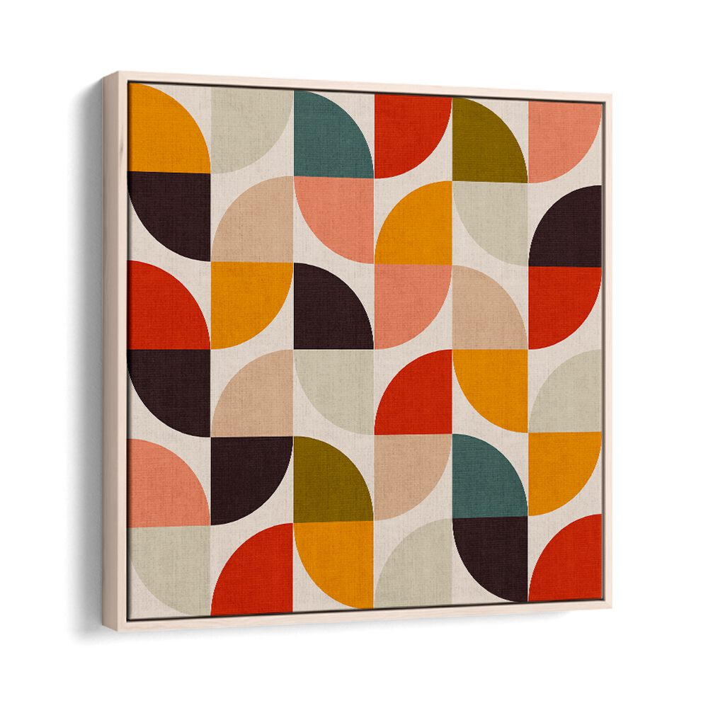 Colorful geometric patterns in BAUHAUS NEW II KOPIE, ABSTRACT PAINTINGS by Ana Rut Bre, framed in oak wood.