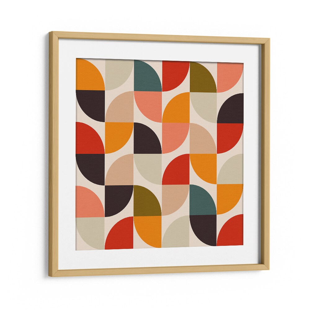 Colorful geometric design of BAUHAUS NEW II KOPIE, ABSTRACT PAINTINGS by Ana Rut Bre in a stylish oak frame.