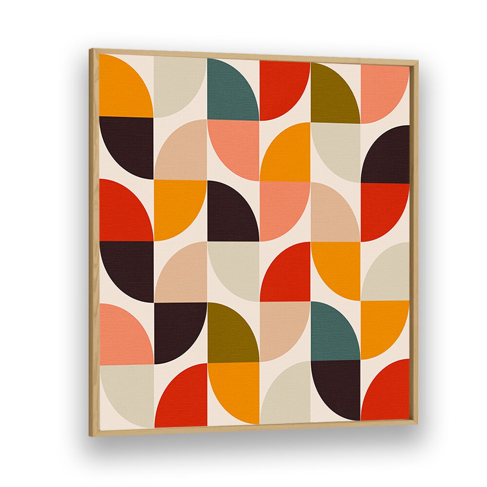 Colorful geometric design of BAUHAUS NEW II KOPIE, ABSTRACT PAINTINGS by Ana Rut Bre in oak frame, showcasing modern art.