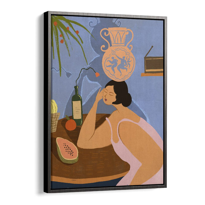 "BE STILL, KITCHEN POSTERS featuring a serene woman at a table with fruit, perfect for enhancing your home decor."