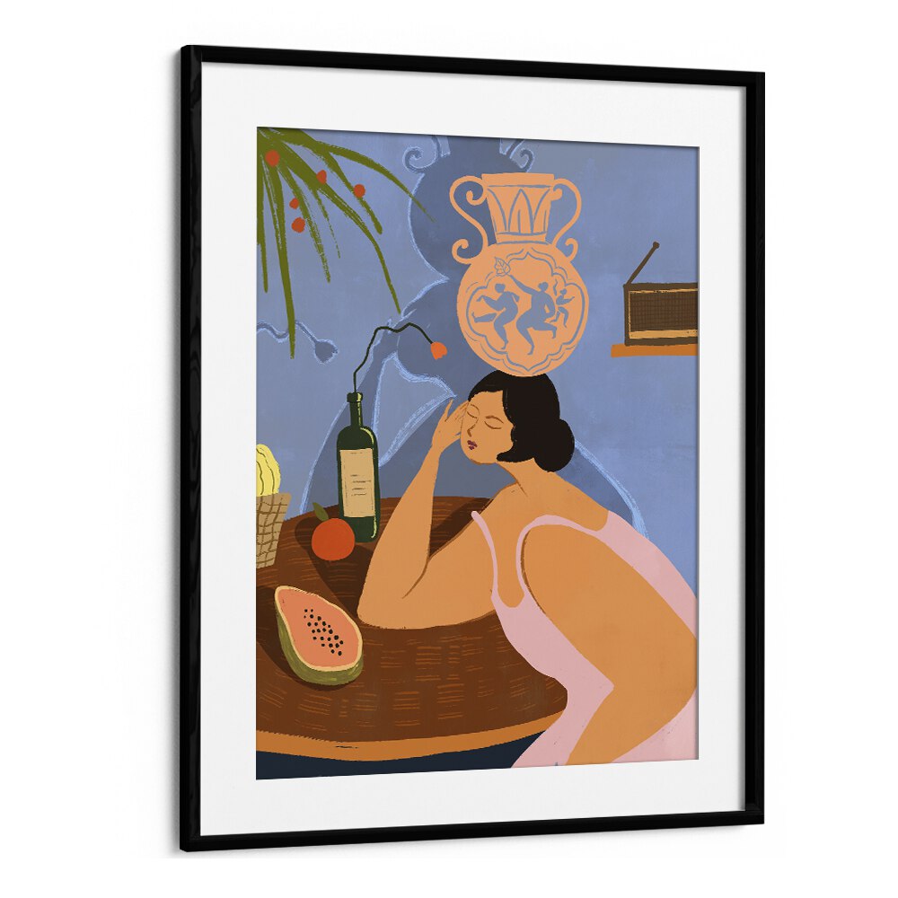Captivating "BE STILL, KITCHEN POSTERS" by Arty Guava, featuring a serene woman in a colorful kitchen setting.