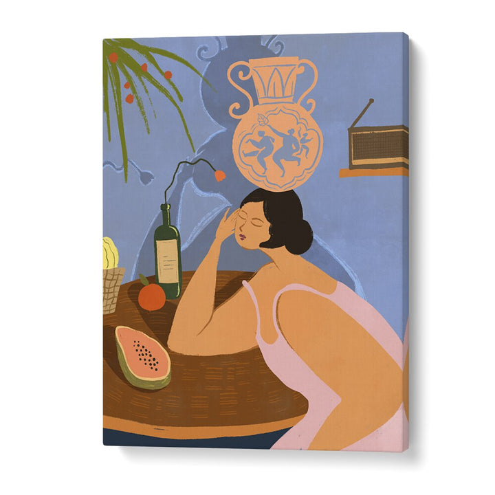 Charming "BE STILL, KITCHEN POSTERS" by Arty Guava, featuring a serene woman amidst vibrant kitchen elements.