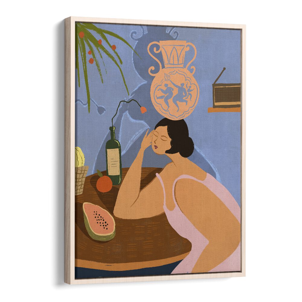 Elegant "BE STILL, KITCHEN POSTERS" artwork by Arty Guava, featuring a serene woman in a colorful kitchen setting.