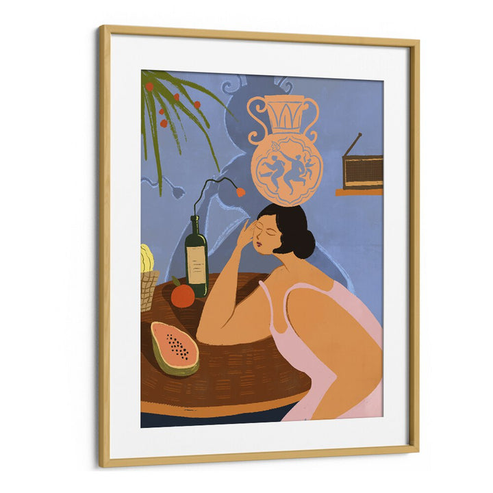 Captivating "Be Still, Kitchen Posters" by Arty Guava, featuring a serene woman amidst vibrant fruit and art.