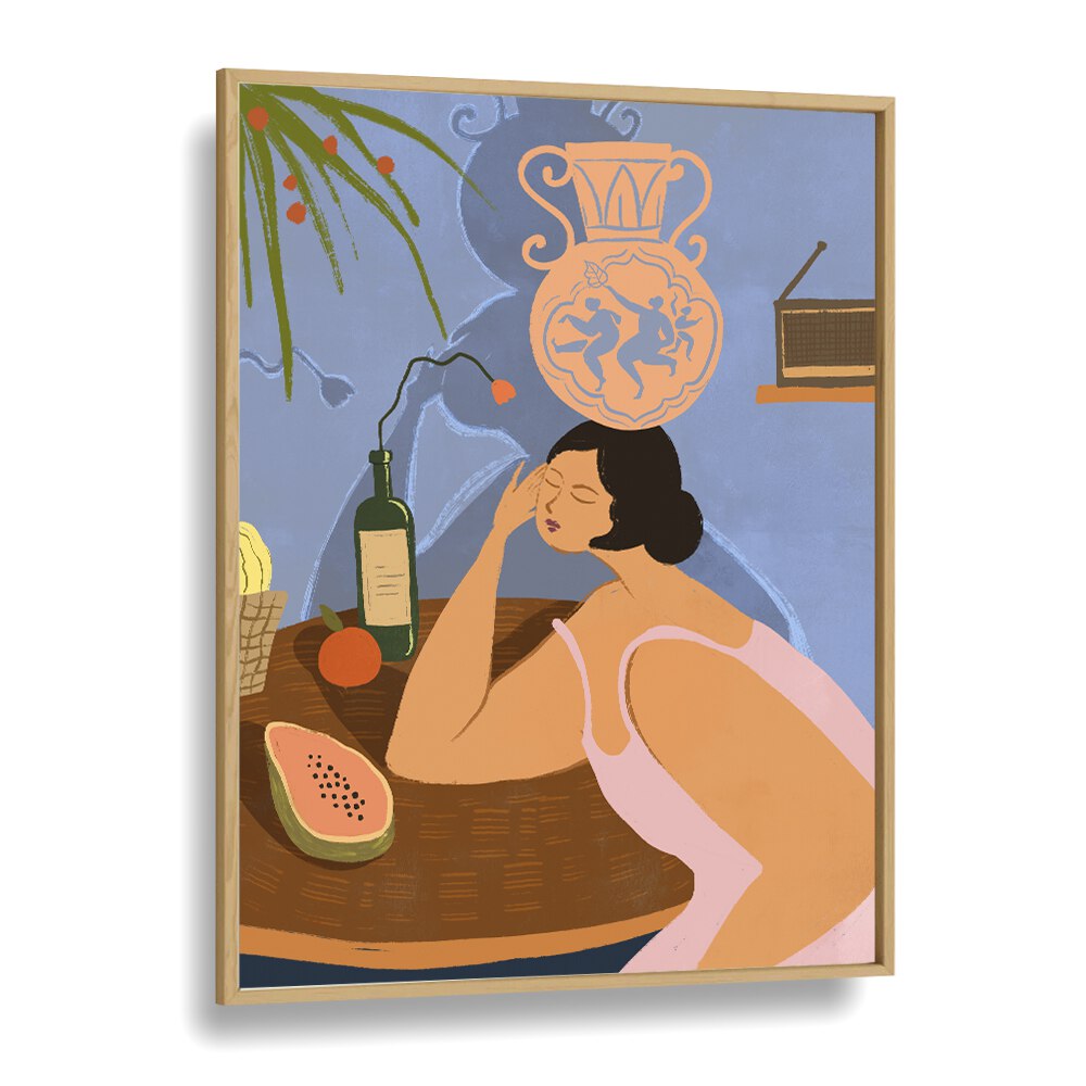 Discover serenity with BE STILL, KITCHEN POSTERS by Arty Guava, featuring a vibrant woman at a cozy table setting.