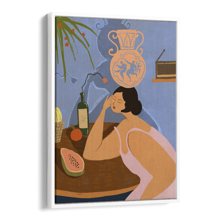 Elegant "Be Still" kitchen posters by Arty Guava, featuring a serene woman amidst vibrant fruits and décor.