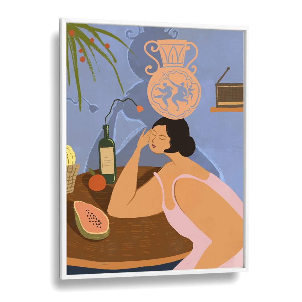 Artful depiction of a woman enjoying fruit and wine, featuring BE STILL, KITCHEN POSTERS by Arty Guava for elegant decor.