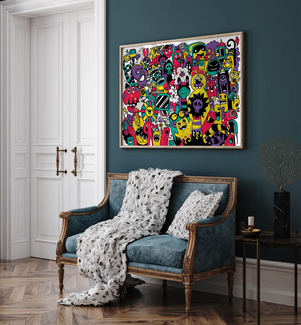 Colorful BEASTIE BONANZA, DOODLE ART PAINTINGS displayed in a stylish room, inspiring creativity and imagination.