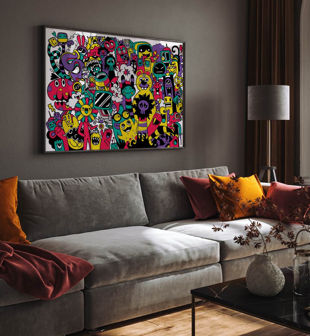 Bright and colorful BEASTIE BONANZA, DOODLE ART PAINTINGS enhance creativity in any space, perfect for doodle lovers.