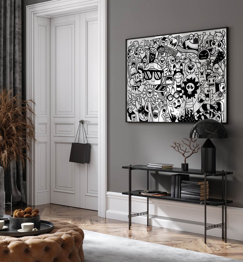 Bright and whimsical BEASTIE BONANZA II, DOODLE ART PAINTINGS showcased in a stylish living room setting.