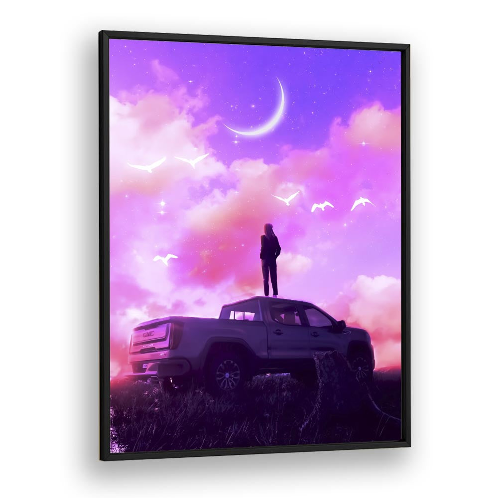 Surreal scene featuring a figure on a truck beneath a dreamy sky, showcasing BEAUTIFUL DREAM, SURREAL ART PRINTS by Ritvik Takkar.