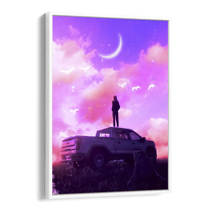 "BEAUTIFUL DREAM, SURREAL ART PRINTS by Ritvik Takkar features a dreamlike landscape with ethereal colors and a serene figure."