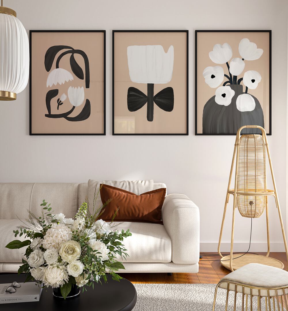 Elegant BEIGE FLOWERS, SET OF 3 PAINTINGS enhance your home décor with stunning floral designs in soft beige tones.